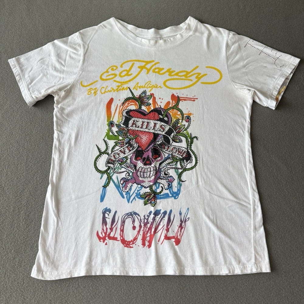 Ed Hardy Christian Audigier Love Kills Slowly Rhinestone Skull T Shirt Y2K S